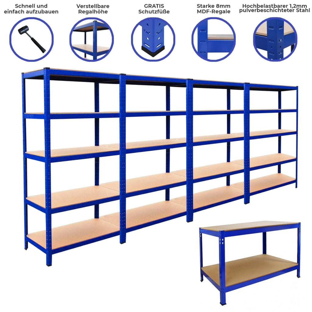 4 Scaffali T-Rax 90x45x180cm & Banco da Lavoro in Acciaio Senza Bulloni - Blu