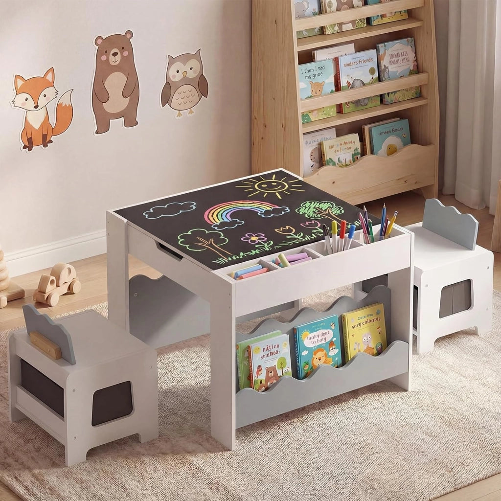 4 in 1 Set Tavolo e 2 Sedie per Bambini 3+ Anni (Grigio e Bianco) | Tavolo e Sedie con Lavagna Rimovibile, Sedia con Cassetto in Tessuto, Mobile in Legno Versatile per Cameretta e Soggiorno