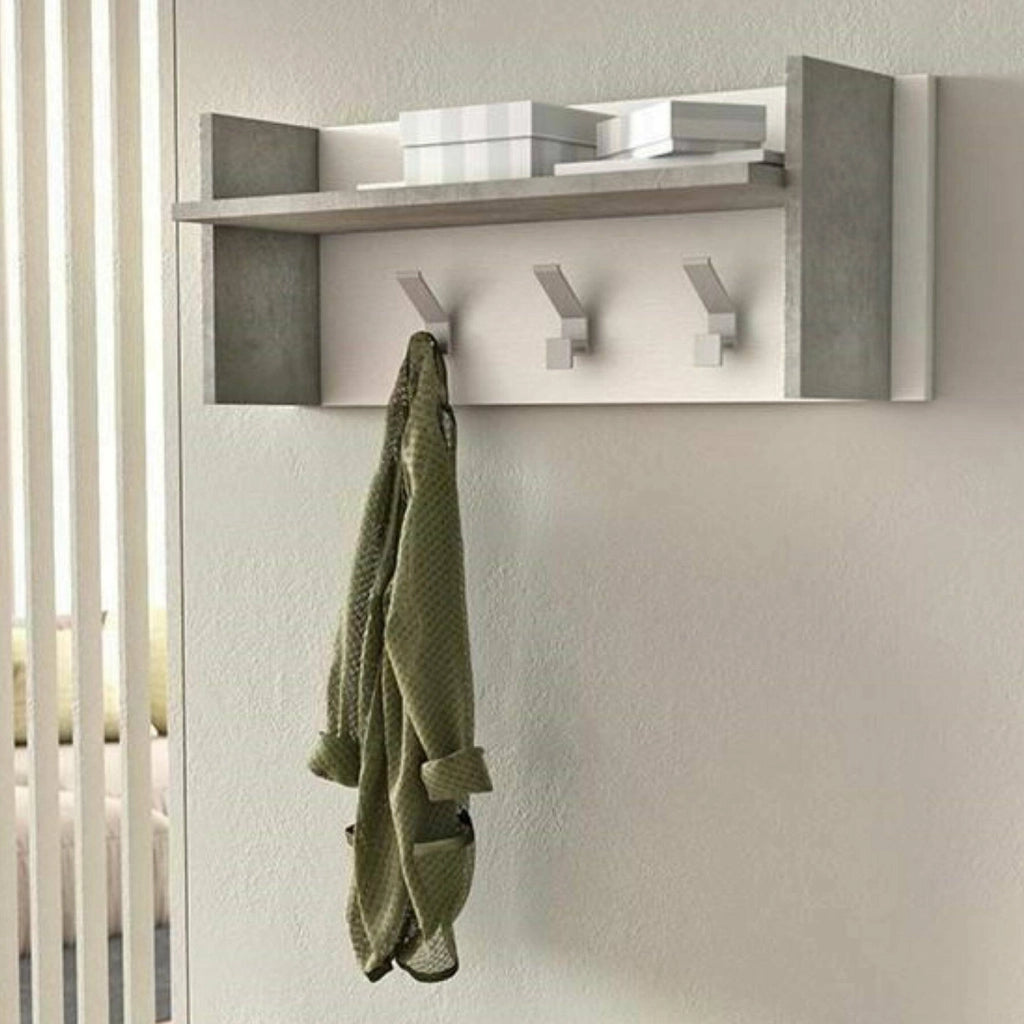 Mobile da ingresso Angry, Mobile appendiabiti con 3 ganci, Mensola portaoggetti da ingresso, Made in Italy, Cm 90x29h34, Bianco e Cemento
