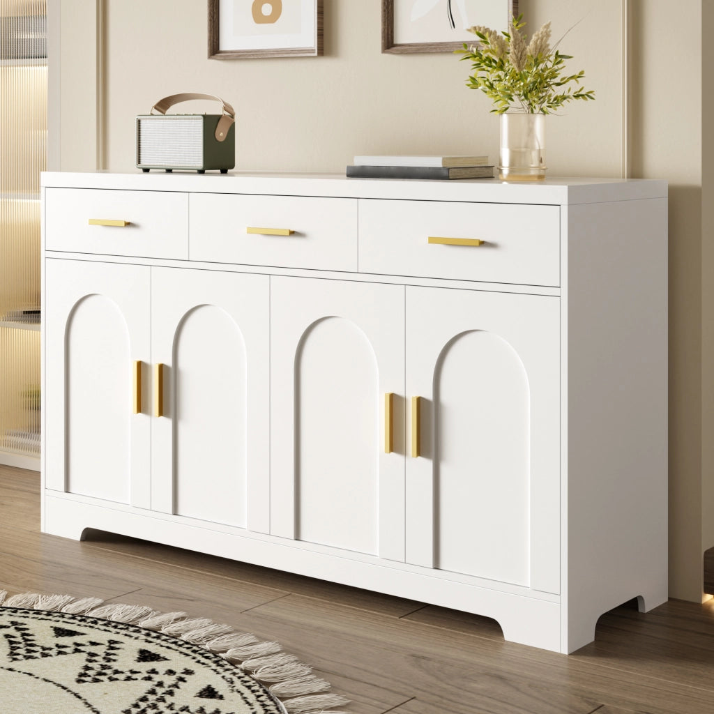 Sideboard bianco con 4 ante ad arco, 3 cassetti e ripiani regolabili, struttura in MDF