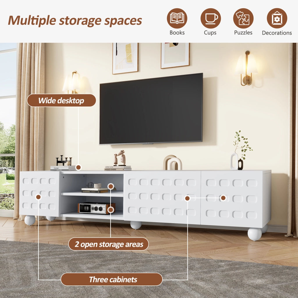 Mobile porta TV per televisore fino a 80 pollici con 3 ante e 2 vani semiaperti per soggiorno bianco 200 × 40 × 44 cm