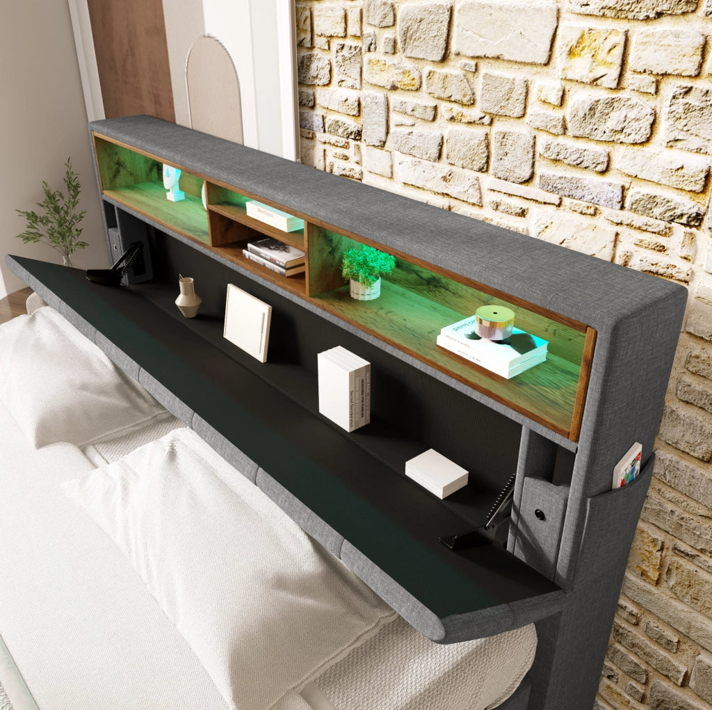 Letto matrimoniale ULEVR 140x200 cm con testiera contenitore e LED multicolore, grigio