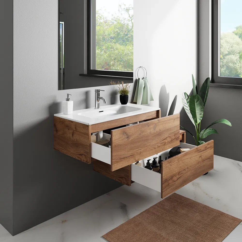 Mobile bagno sospeso modulare 70cm due cassetti apertura push&pull rovere gransasso con lavabo | Galdor