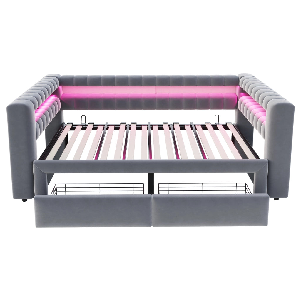 Divano letto imbottito 90x190 cm estensibile in velluto grigio con contenitore e LED