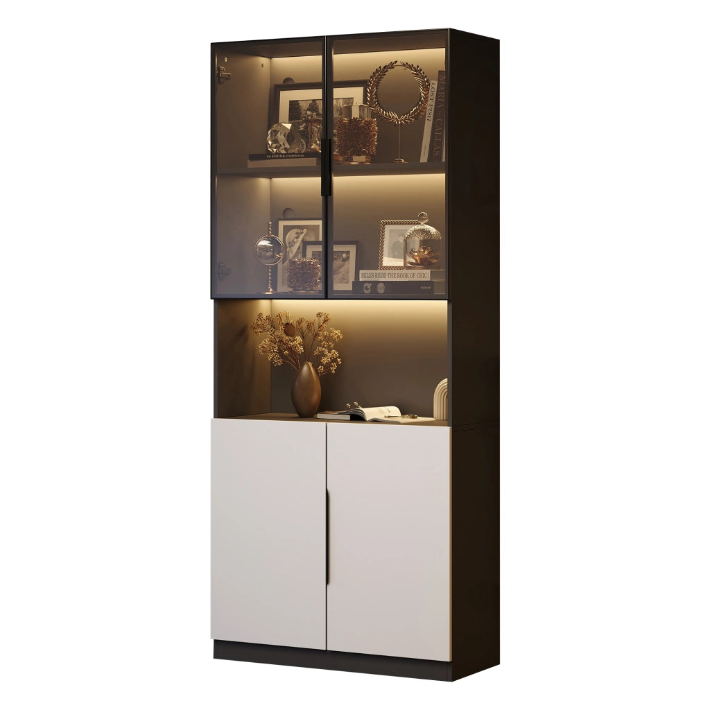 Vetrina con LED e ante in vetro, vano aperto e ripiano regolabile, per soggiorno e sala da pranzo, bianca 80 × 30 × 200 cm