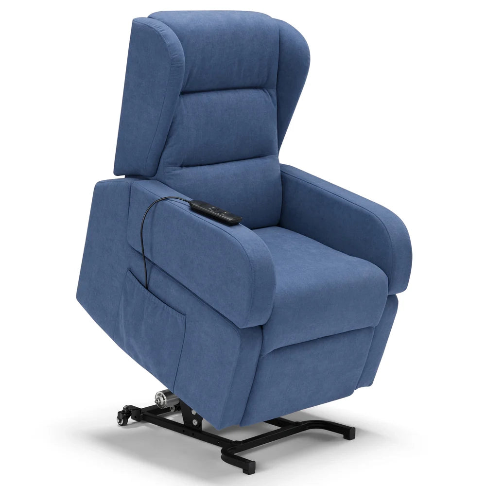 Poltrona relax elettrica Bilbao per anziani, 2 motori, 2 ruote, reclinazione e alzapersona, Tavolino di Servizio, braccioli estrabili, doppia pediera, colore Blu