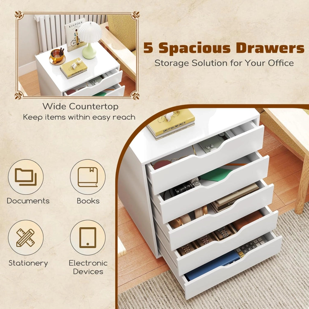 Cassetto da scrivania mobile con 5 cassetti da ufficio, mobile da ufficio, organizer con ruote, supporto per stampante per cartelle, documenti, documenti, carta, 48 x 39,5 x 69,5 cm (Bianco)