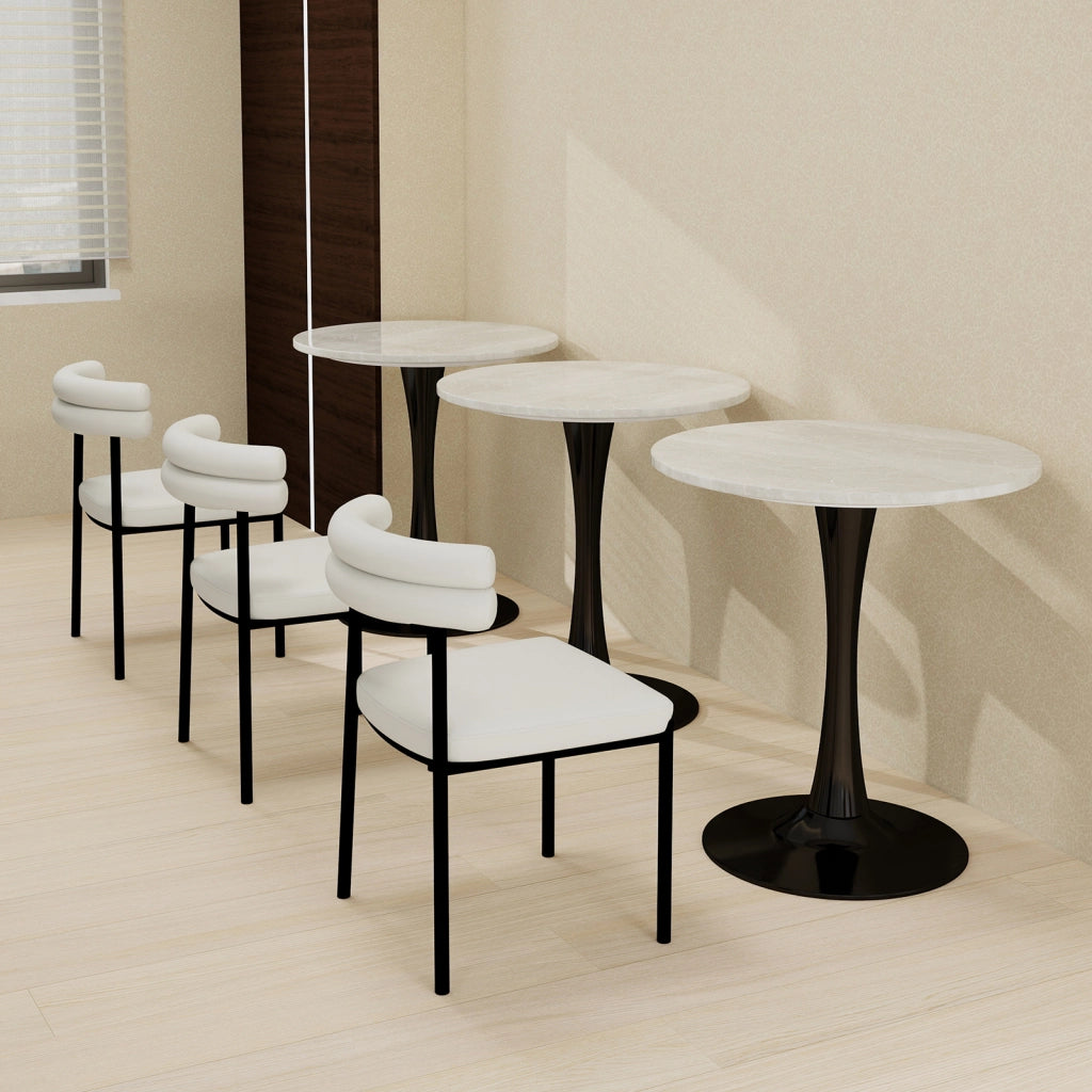 Tavolo da pranzo - rotondo 70 cm - stile mid-century - marmo venato bianco - per 2-4 persone - nero