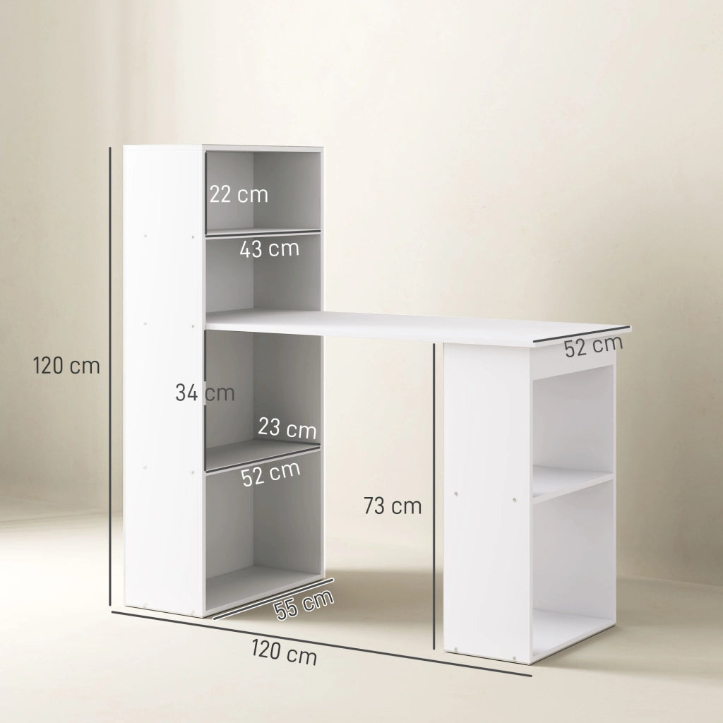 Scrivania lineare con 4 ripiani e 2 vani aperti per ufficio e home office, bianco, 120 × 55 × 120 cm