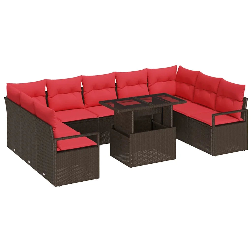 Set Divano da Giardino 10 pcs Marrone e Rosso Poly Rattan