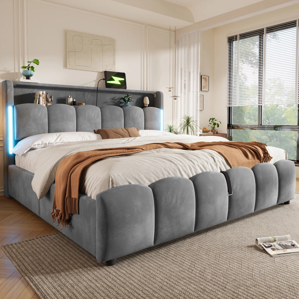Letto imbottito 180x200 cm in velluto grigio con LED; vano contenitore e porte USB/Type-C