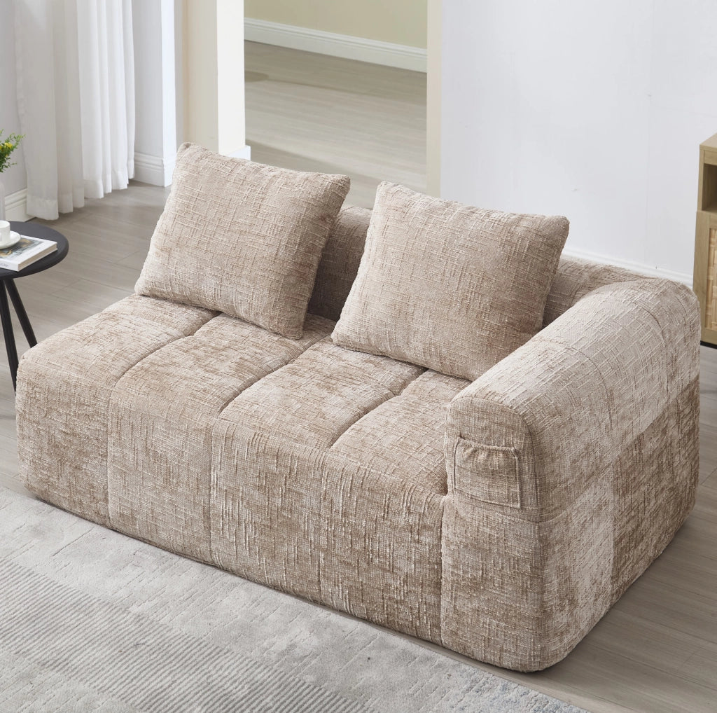 Divano comodo 2 posti in tessuto khaki con chaise longue, cuscino incluso e tasche laterali