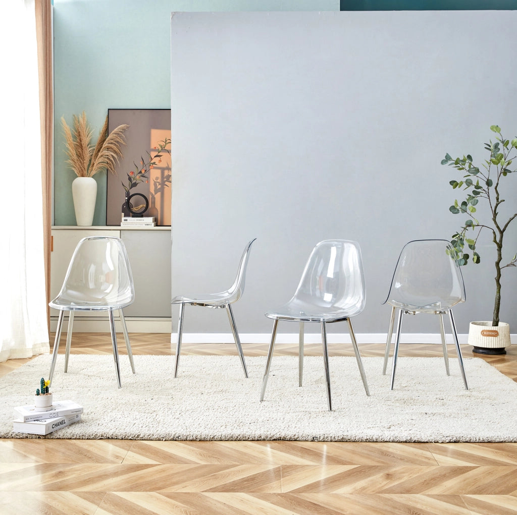 Set 4 sedie da pranzo trasparenti con gambe in metallo silver; 83 cm; seduta in plastica