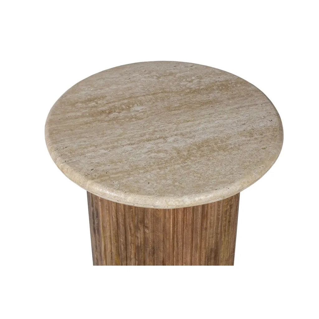 Tavolino MAELORA – Tavolino rotondo Ø50 cm – Legno di mango & travertino – Design naturale ed elegante