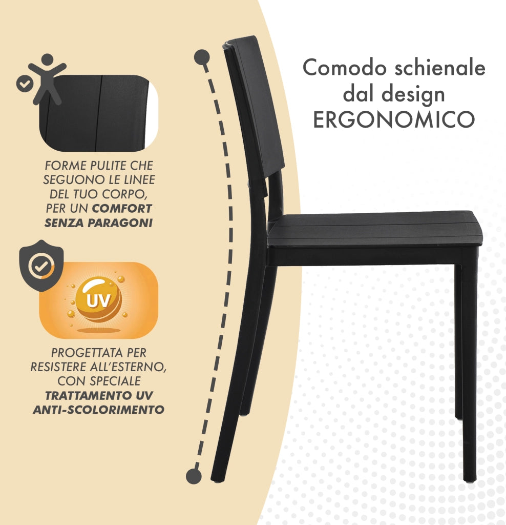 Set 4 Sedie In Polipropilene e Fibra Di Vetro Sedia Cucina Trattamento Uv Antiscolorimento Giardino Interno Esterno Moderne Robuste Resistenti Seduta Terrazzo Soggiorno Bar Ristorante Impilabili Livia-Nero