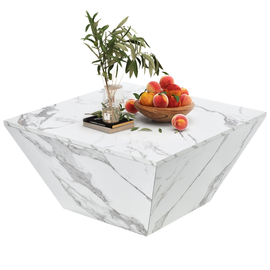 Tavolino basso trapezoidale con 2 cassetti e vani contenitore, in MDF marmorizzato, bianco, 70 × 70 × 37 cm