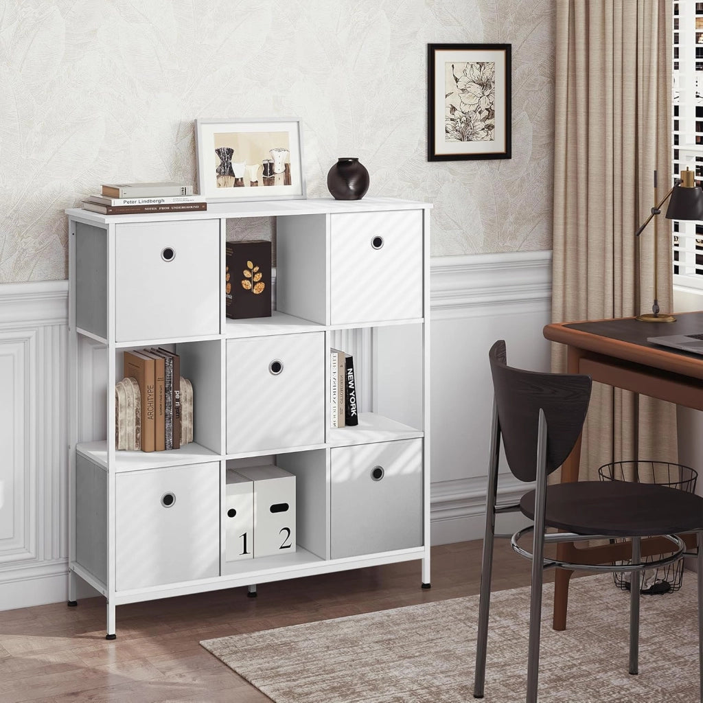 Scaffale per Libri, Scaffale con 4 Cubi Aperti e 5 Cassetti in Tessuto non Tessuto, Unità di Stoccaggio Industriale per Soggiorno/Camera da Letto/Ufficio, Legno Ingegnerizzato, RGB64ws