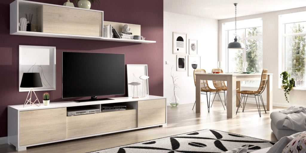 Parete attrezzata Abbete, Set da soggiorno porta TV, Mobile salotto multiuso, 200x41h180 cm, Rovere e Bianco