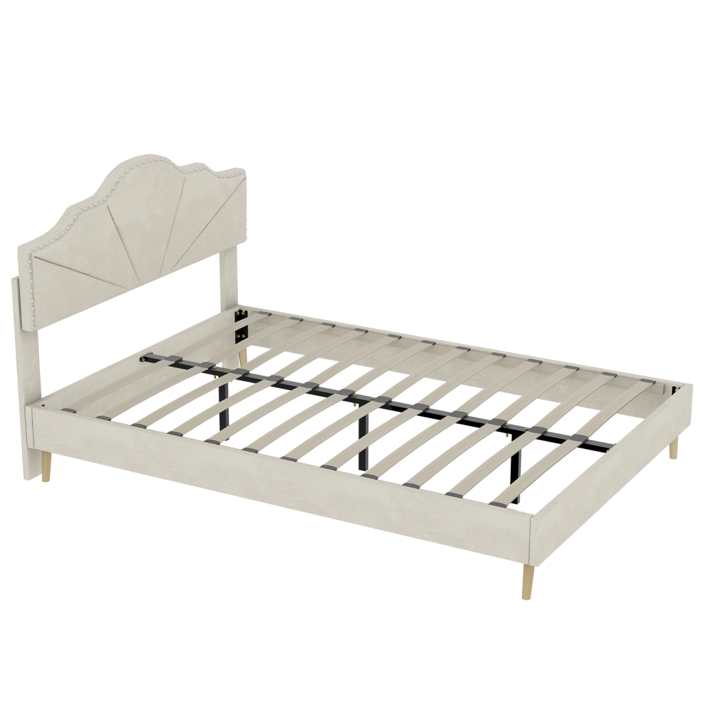 Letto matrimoniale imbottito con testiera geometrica 140x200 cm; tessuto beige