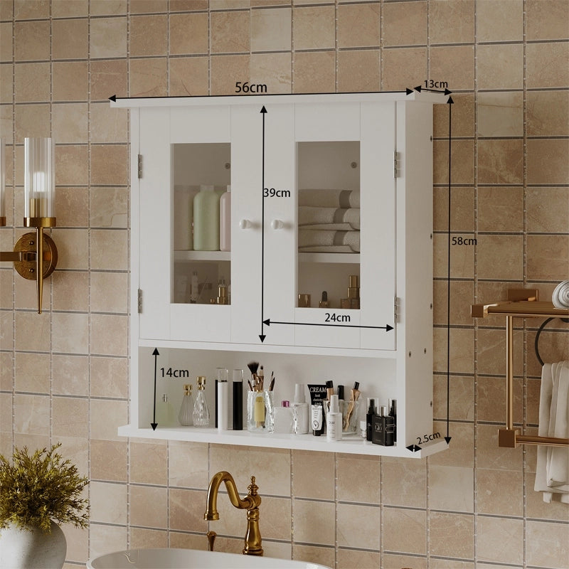 MOBILE DA BAGNO SOSPESO BIANCO A 2 ANTE IN VETRO DA PARETE CON RIPIANI 58 CM