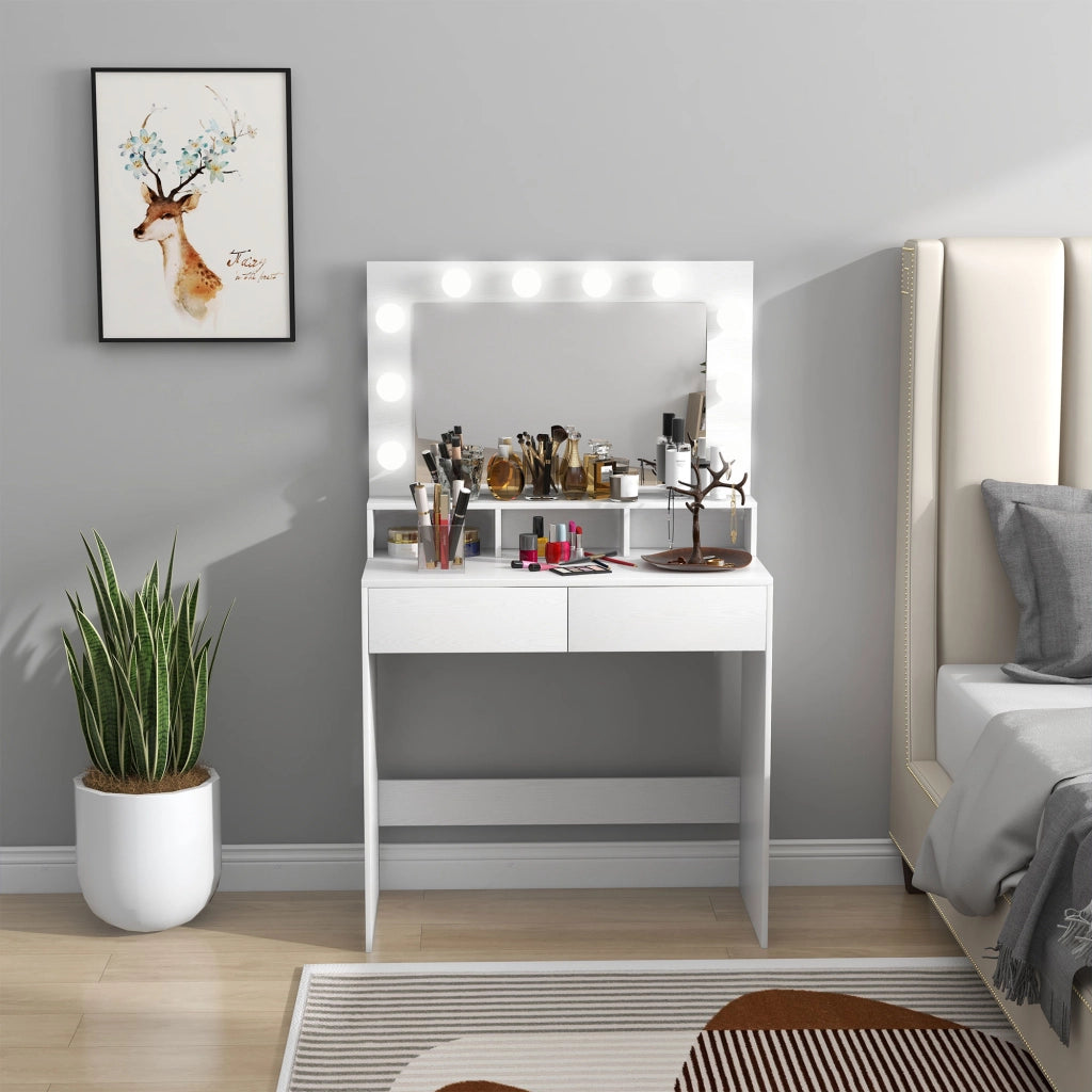Tavolo da Trucco con Specchio e 10 Luci LED Regolabili, 2 Cassetti e 3 Scomparti, 80x40x135 cm, Bianco