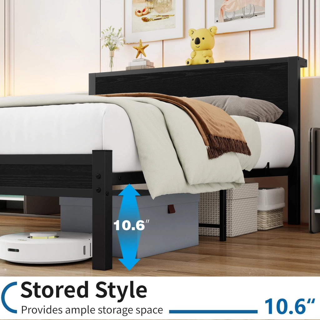 Letto singolo 140×200 cm con testiera contenitore e rete metallica; senza materasso; MDF e metallo; nero