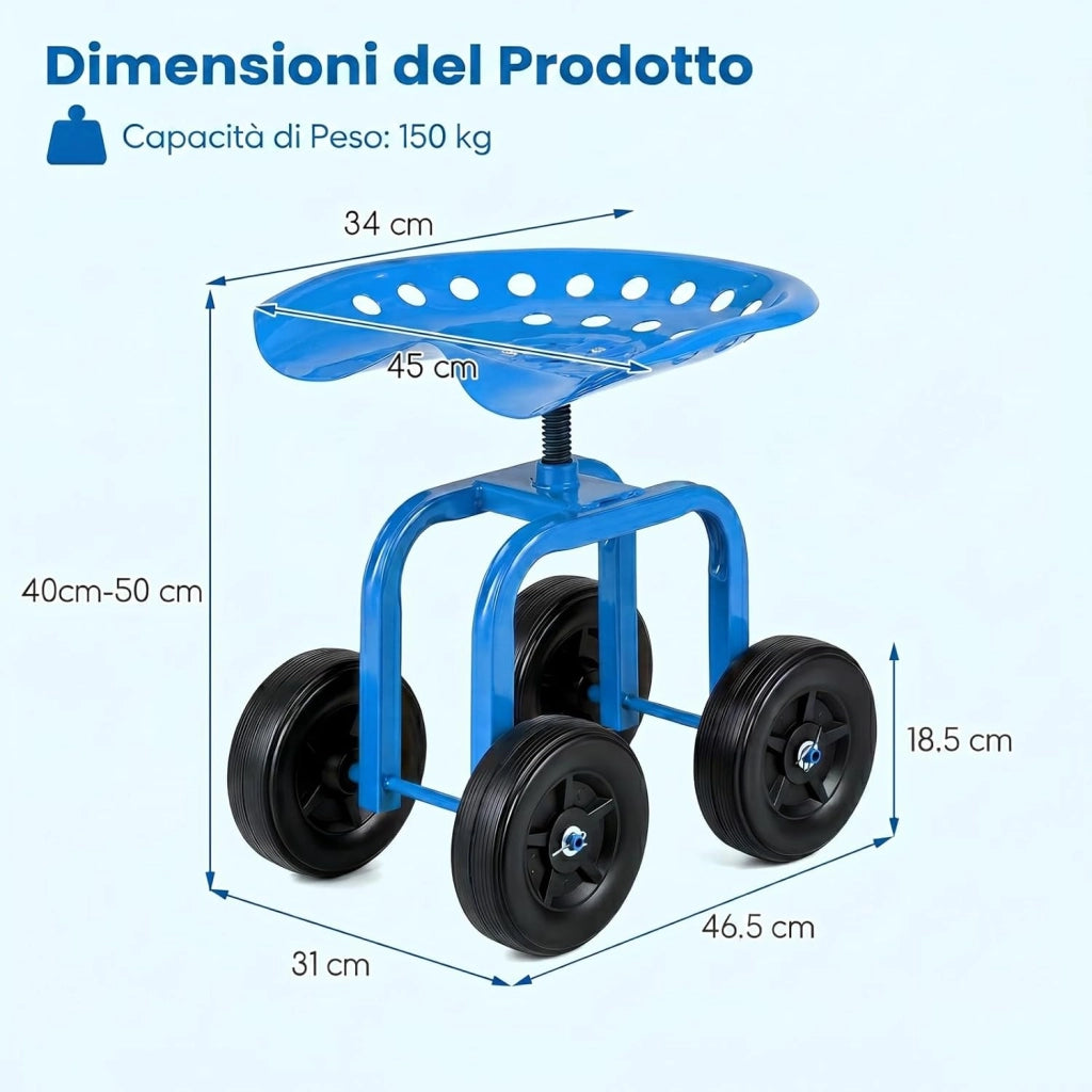 Sgabello con Ruote per Giardinaggio, Sedile con Ruote Regolabile in Altezza e Portatile, Seggiolino da Giardino, Prato e Cortile, Portata 150kg (Blu)