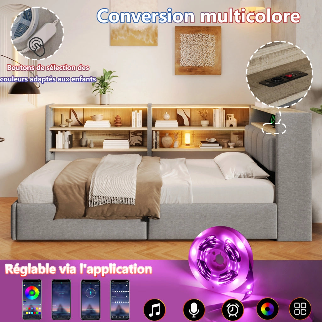 Letto Contenitore Singolo LEMONMAX 90x200 cm con Sollevamento Idraulico, LED APP, USB-A/USB-C e Modulo Laterale, Rete a Doghe, Velluto Grigio