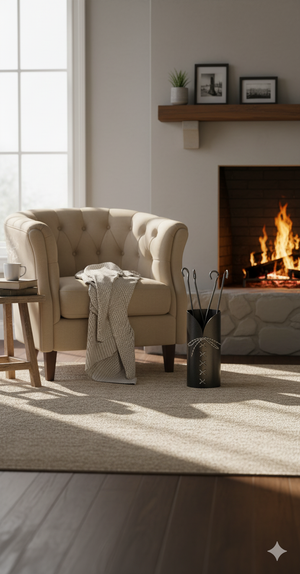 Trespolo per Attrezzi Camino Cilindrico Laccio con Paletta Scopino Attizzino e Pinza Ø15,2x62 cm in Ferro Verniciato