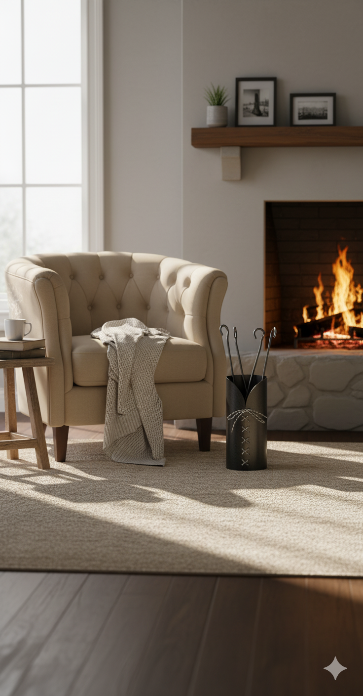 Trespolo per Attrezzi Camino Cilindrico Laccio con Paletta Scopino Attizzino e Pinza Ø15,2x62 cm in Ferro Verniciato