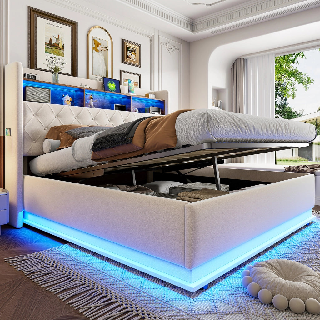 Letti contenitori 180x200 cm; luci LED multicolore e USB; tessuto; beige