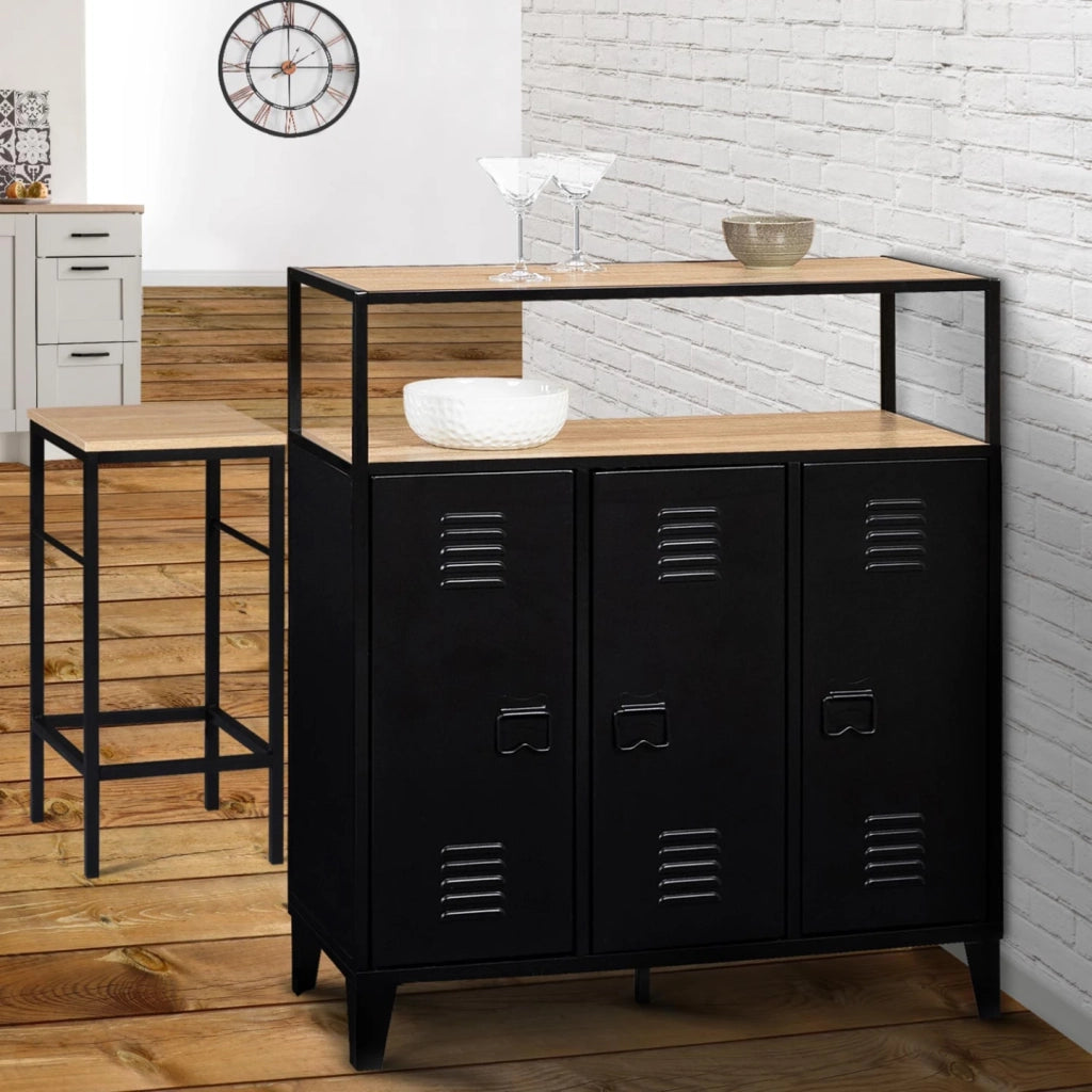 IDMarket - ESTER Buffet da bar a 3 ante in metallo nero con piano in faggio