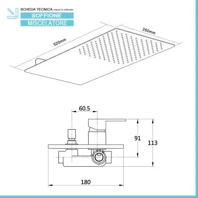 Set doccia incasso Kubo con soffione a muro 25x52 cm e kit doccia