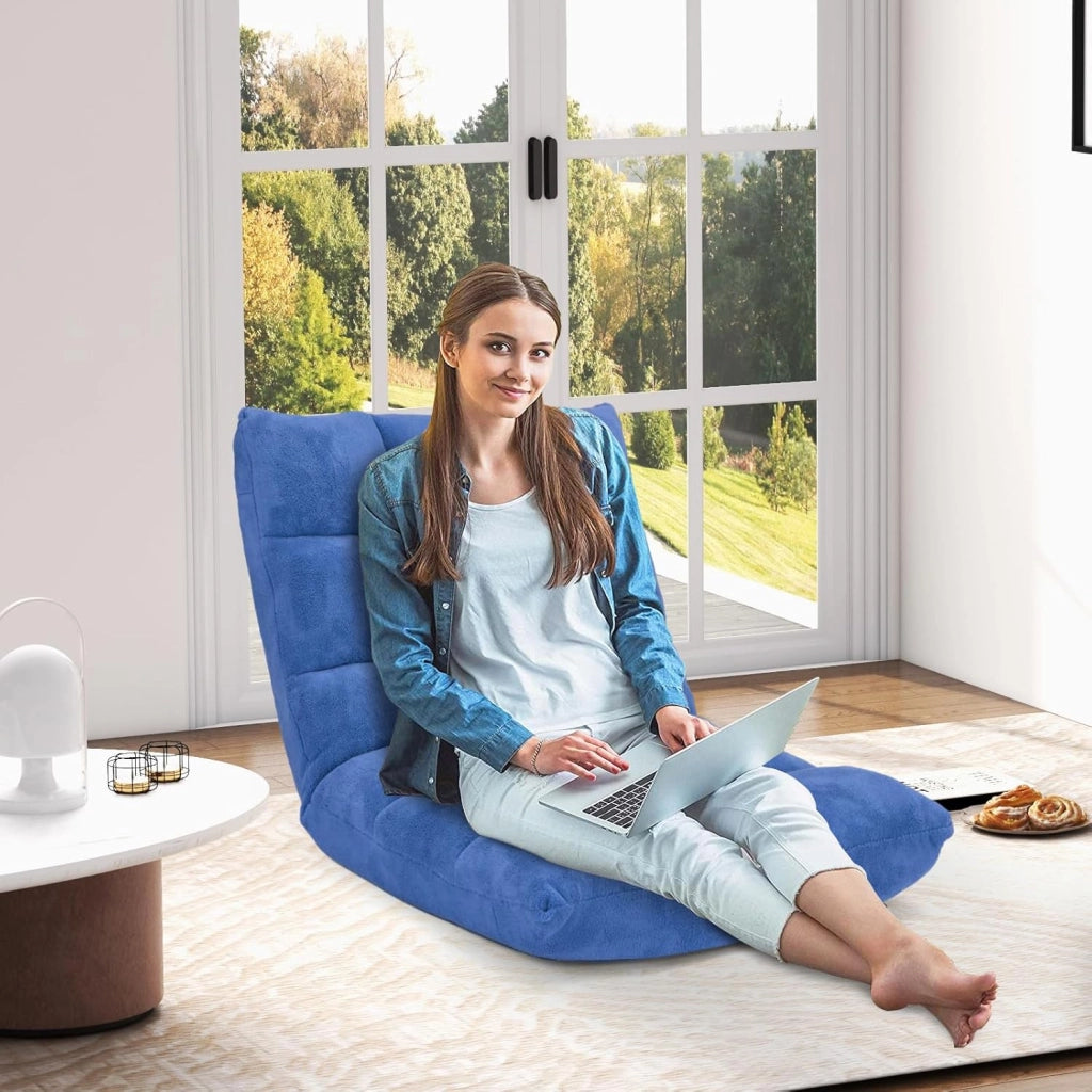 Sedia da Pavimento, Poltrona Imbottita Regolabile in 14 Posizioni 90°-180°, Cuscino da Terra Pighevole Imbottito, Sedia Reclinabile per Relax, Yoga, Lettura (Blu)