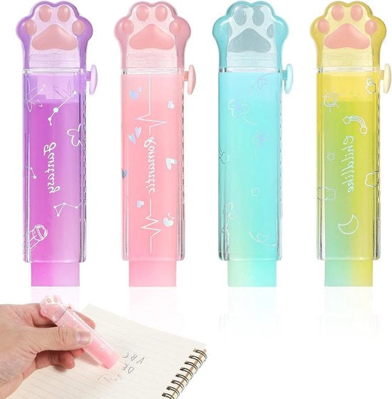 4-pack di gomme retrattili con zampe di gatto carine, design Kawaii per scuola e ufficio, ideale per bambini.