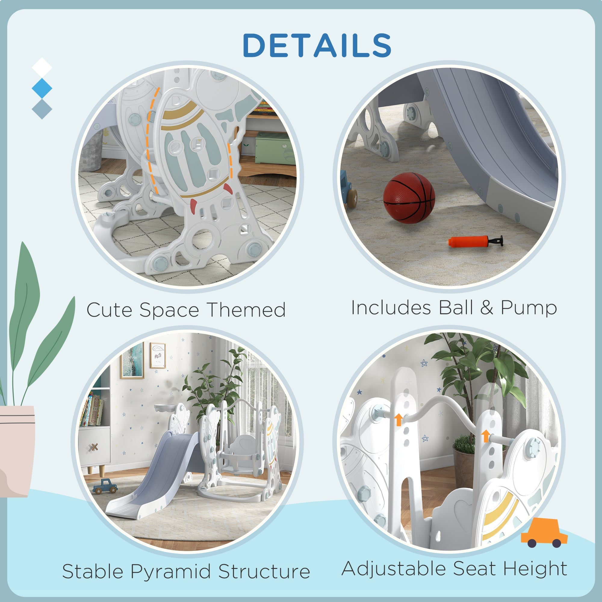 Scivolo per Bambini 150x185x92 cm, con Altalena e Canestro Bianco e Grigio