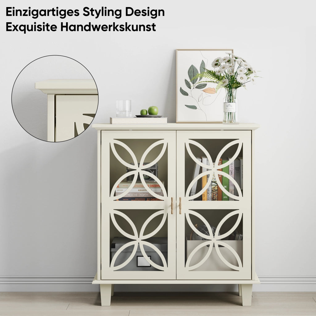 Credenza con 2 ante in vetro e ripiani regolabili; per cucina; in MDF; crema; 94×47.3×16.0 cm