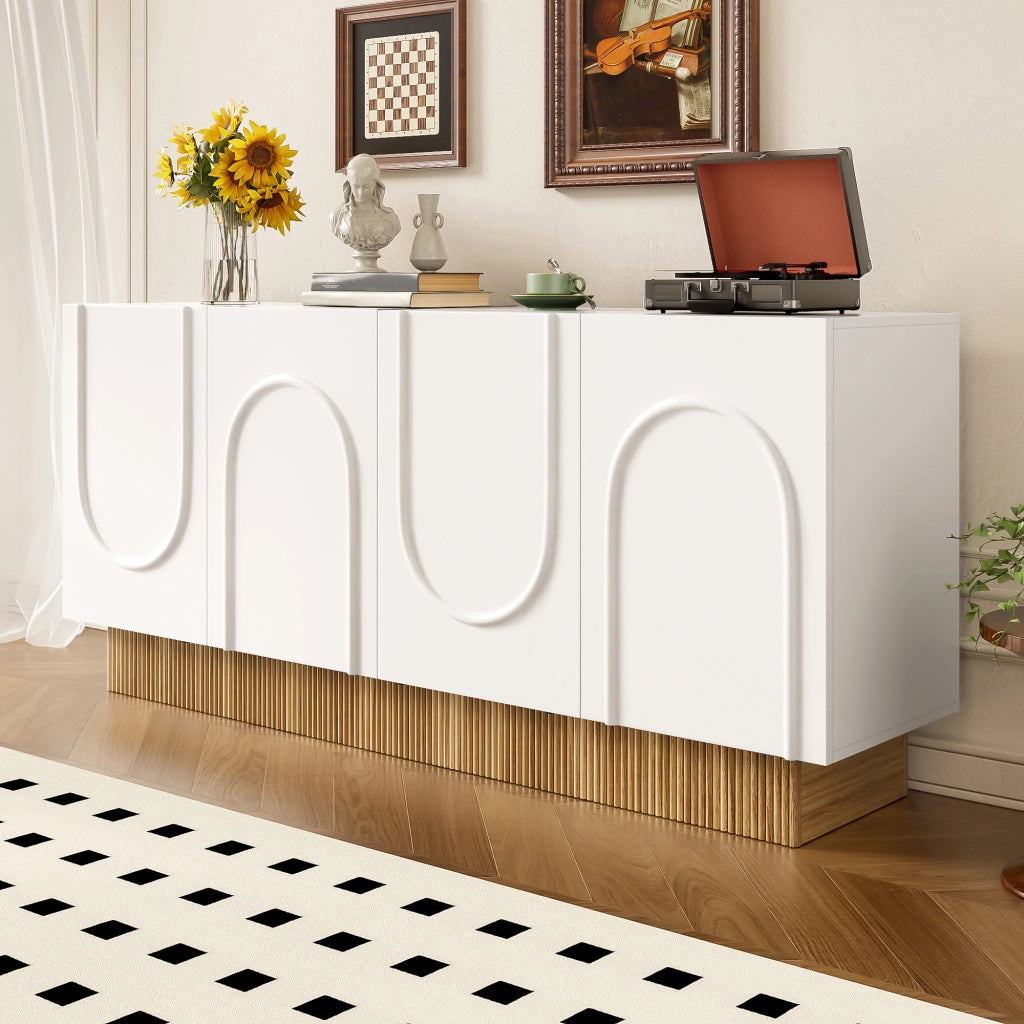 Credenza con 4 Ante; Rilievo a U; 4 Scomparti; Finitura Opaca; Stile Moderno; in Pannello Truciolare; 160??38??75 cm; Bianco Legno