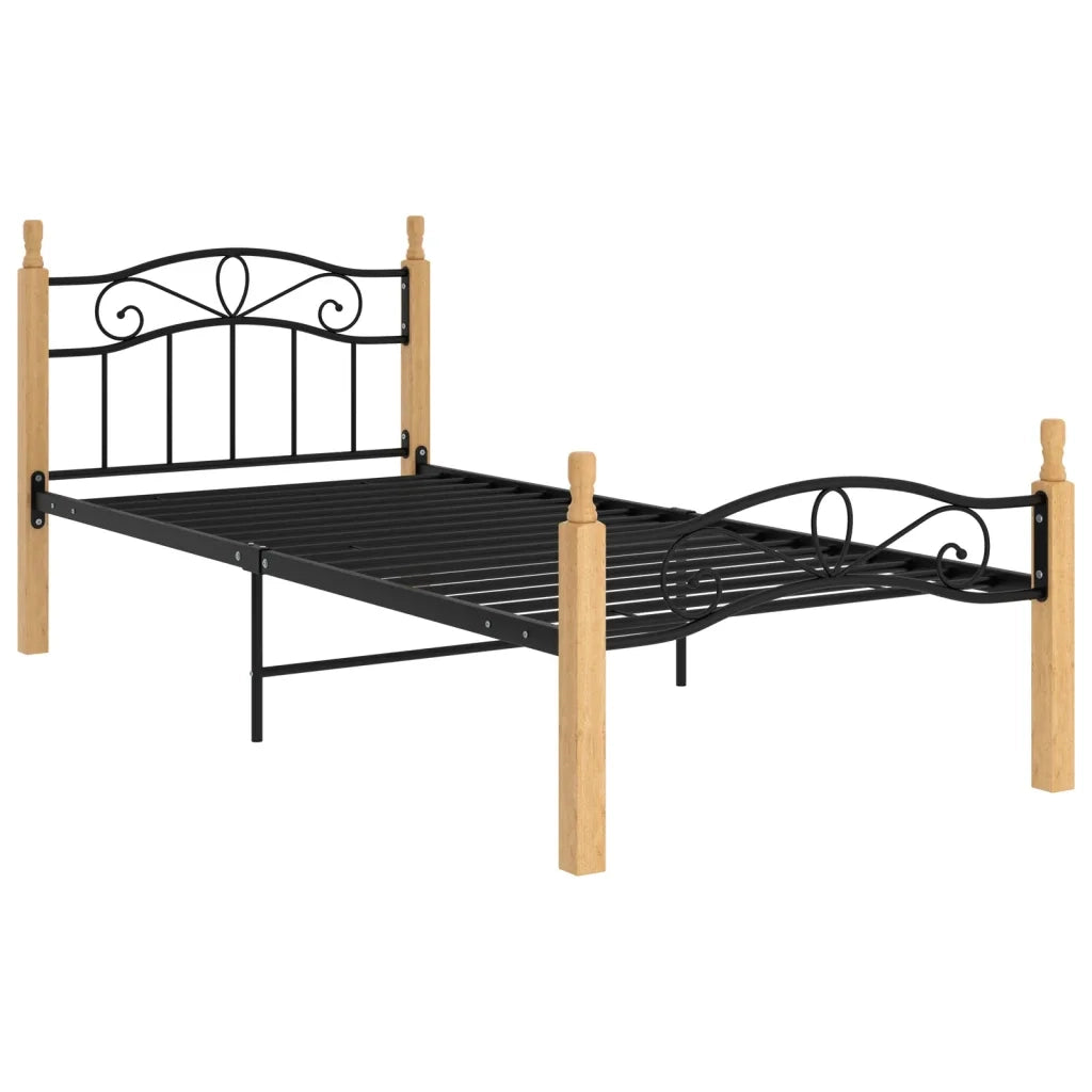 Giroletto-Struttura Letto Nero in Metallo e Legno Massello di Rovere 90x200 cm