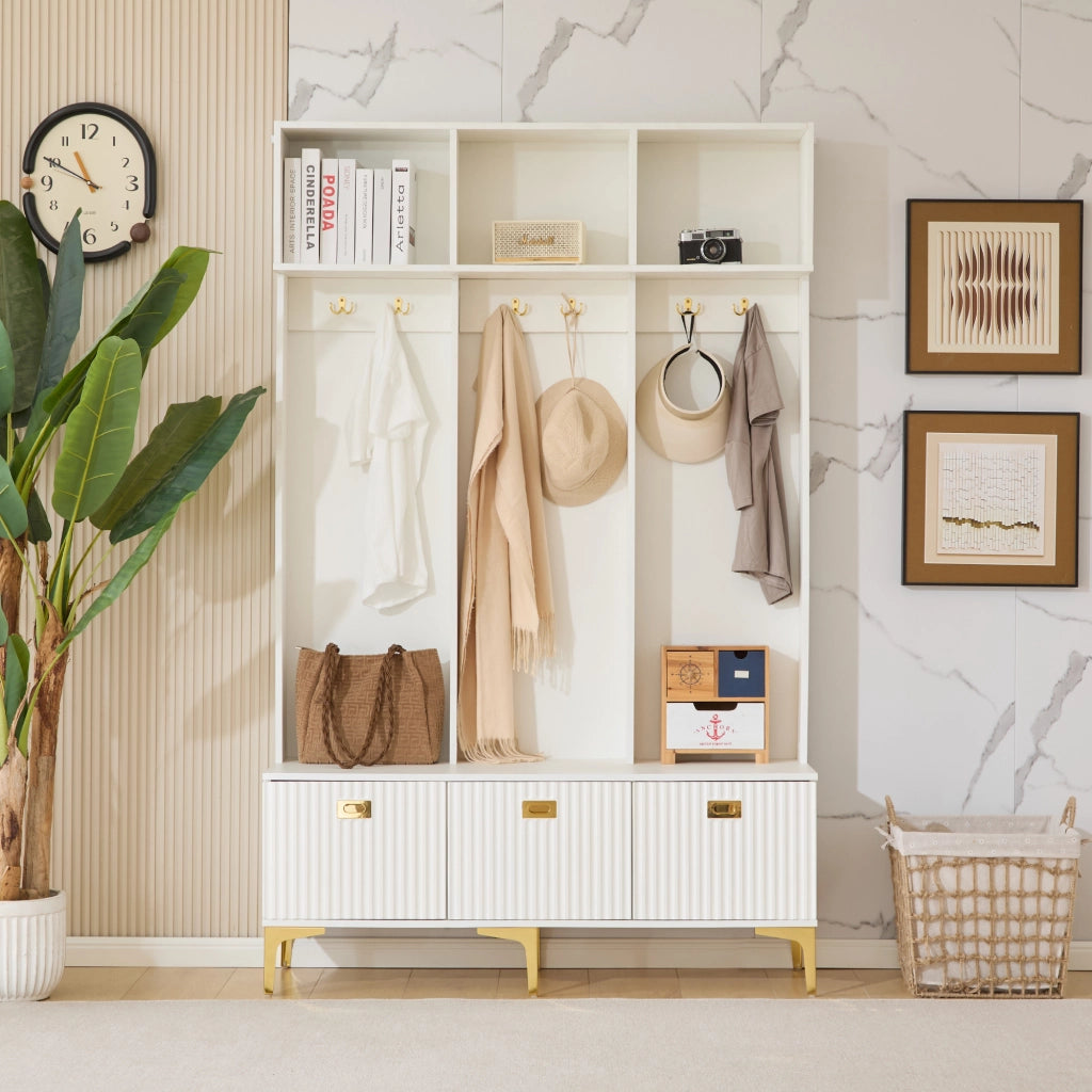 Mobile da ingresso con panca, 6 ganci e vani aperti, ante scanalate, per ingresso, bianco, 120 × 40 × 191 cm