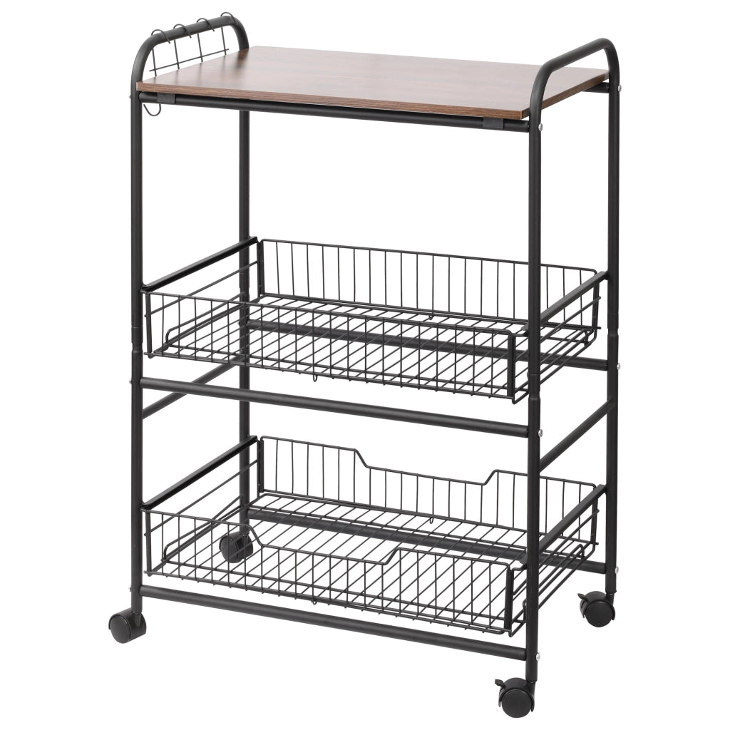 Carrello da Cucina Portavivande Stion Industriale con 4 Ruote, 2 Cestini e 4 Ganci ¨C zephmum ¨C Marrone Nero 60x38x85.5cm