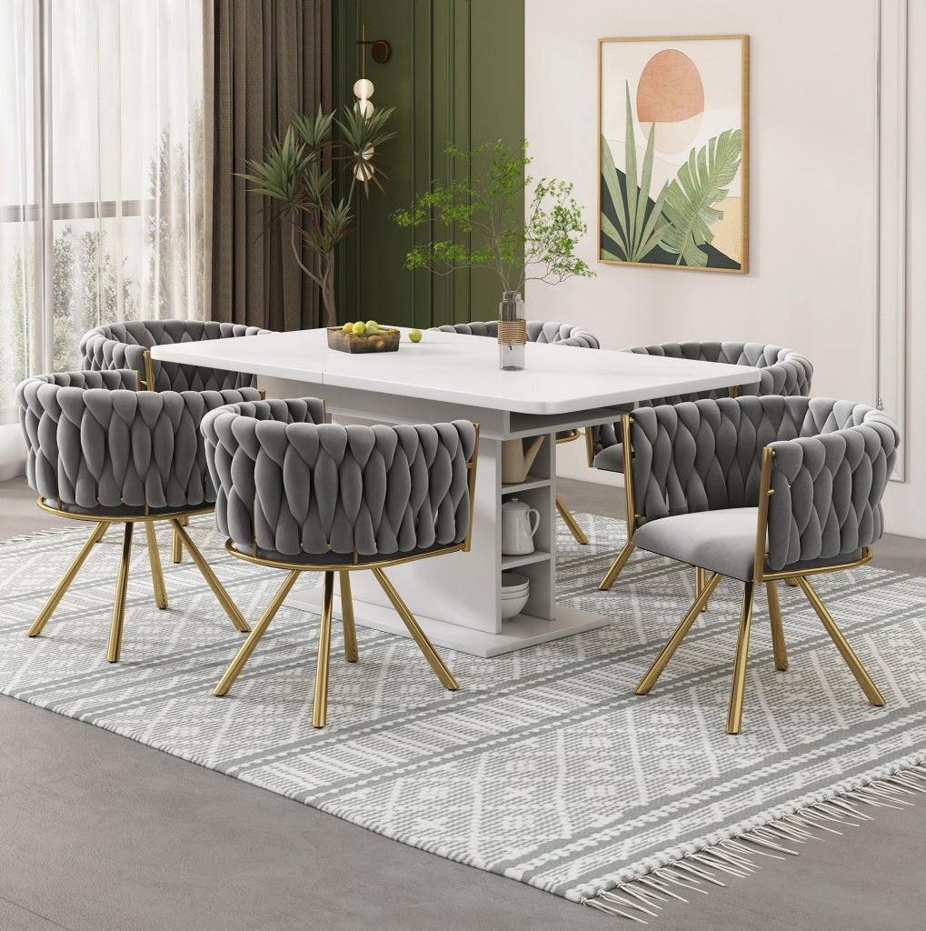 Set 6 sedie da pranzo girevoli 360° in velluto grigio e oro; con struttura in acciaio
