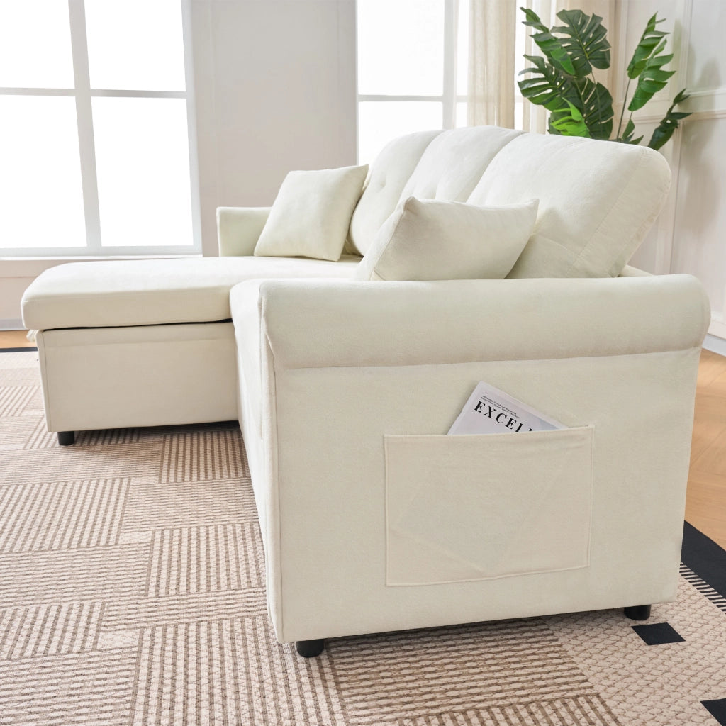 Divano angolare convertibile con letto, contenitore e chaiselongue reversibile con tasche laterali in chenille beige