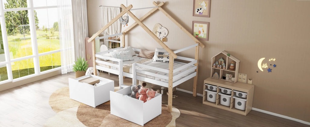 Letto a casa per bambini bianco e naturale in legno massello e MDF con funzione contenitore 90x200 cm