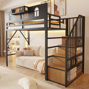 Letto a soppalco in metallo 90 x 200 cm con scala contenitore, mensola, illuminazione e struttura in MDF e metallo, nero