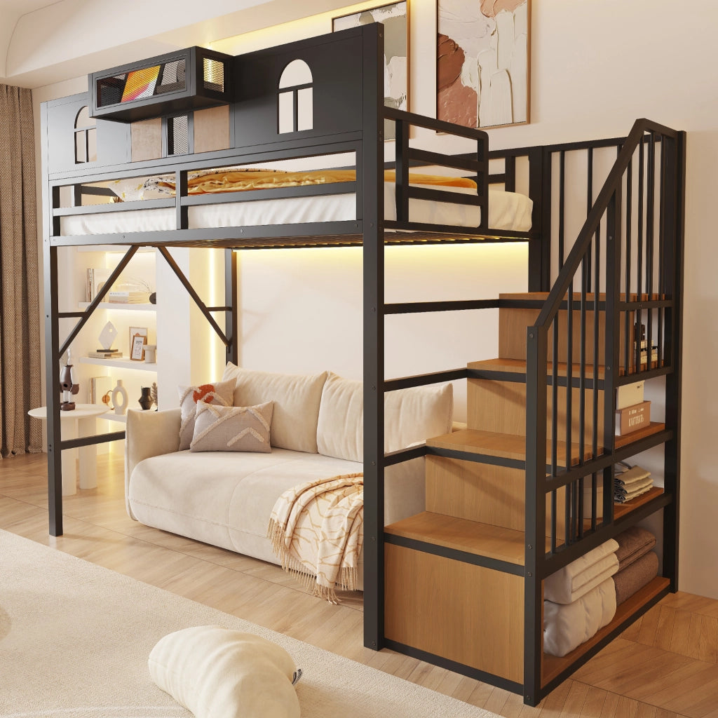 Letto a soppalco in metallo 90 x 200 cm con scala contenitore, mensola, illuminazione e struttura in MDF e metallo, nero