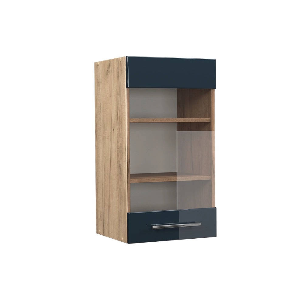 Mobile da cucina in vetro Fame-Line Blu scuro lucido/Rovere dorato 40 cm Vicco