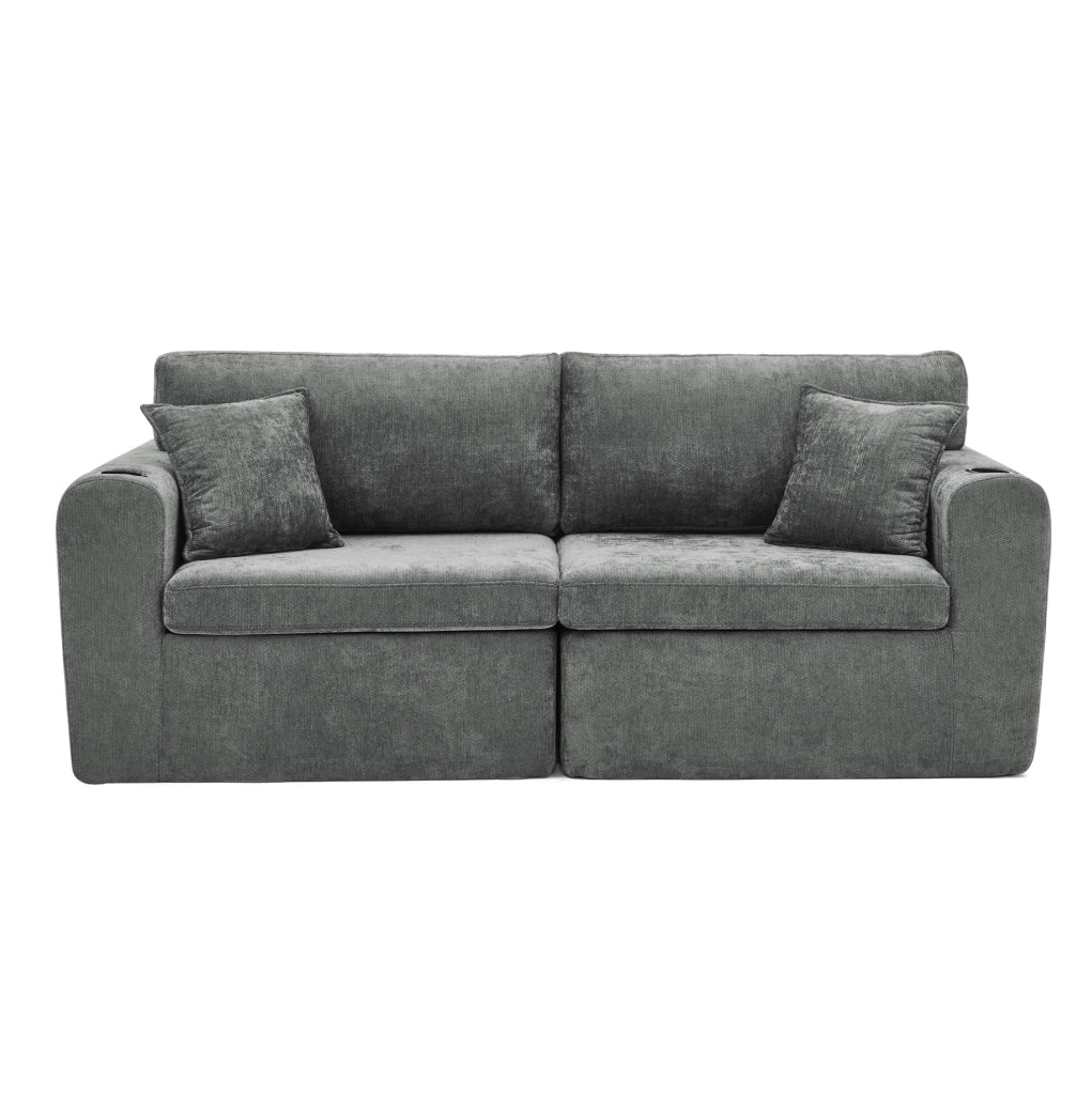 Divano relax 2 posti in chenille grigio con USB; tasche laterali; portabicchieri e cuscini