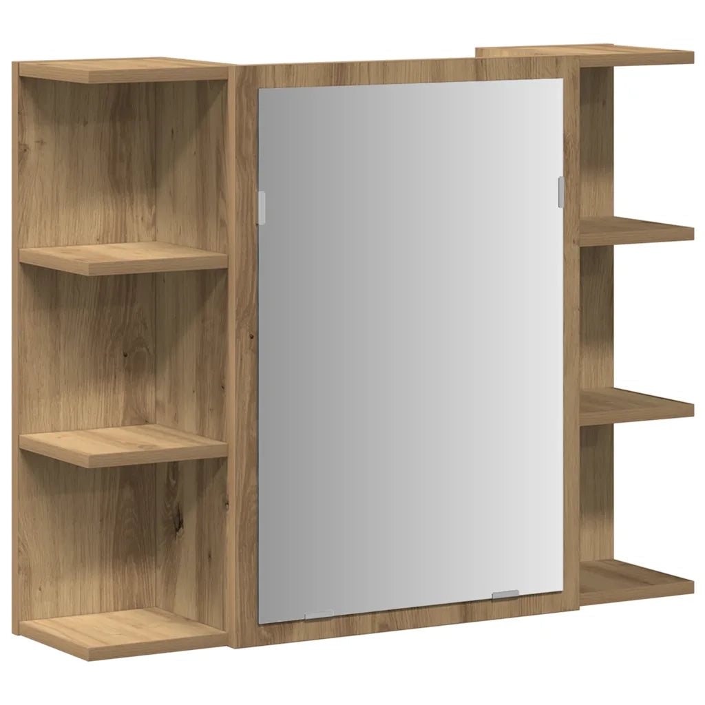 Mobiletto da bagno moderno con specchio e pratico spazio contenitivo 80 x 20,5 x 64 cm in legno di rovere lavorato a mano 02_0050721