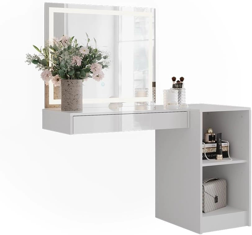 Tavolo da toeletta Sherry, Bianco/bianco lucido, 120 cm 3 parti, con illuminazione LED e grande specchio per la cura quotidiana